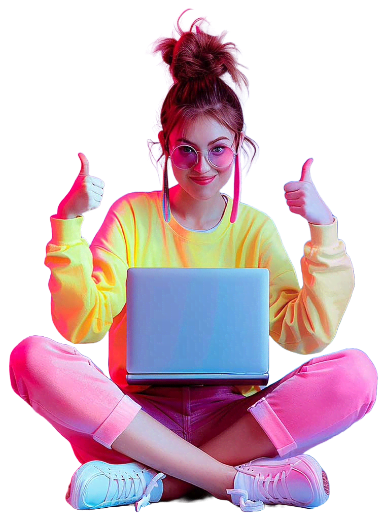 Joven moderna con gafas, sudadera amarilla, pantalones rosa y zapatillas blancas sentada en el suelo usando laptop y haciendo gesto de pulgar arriba