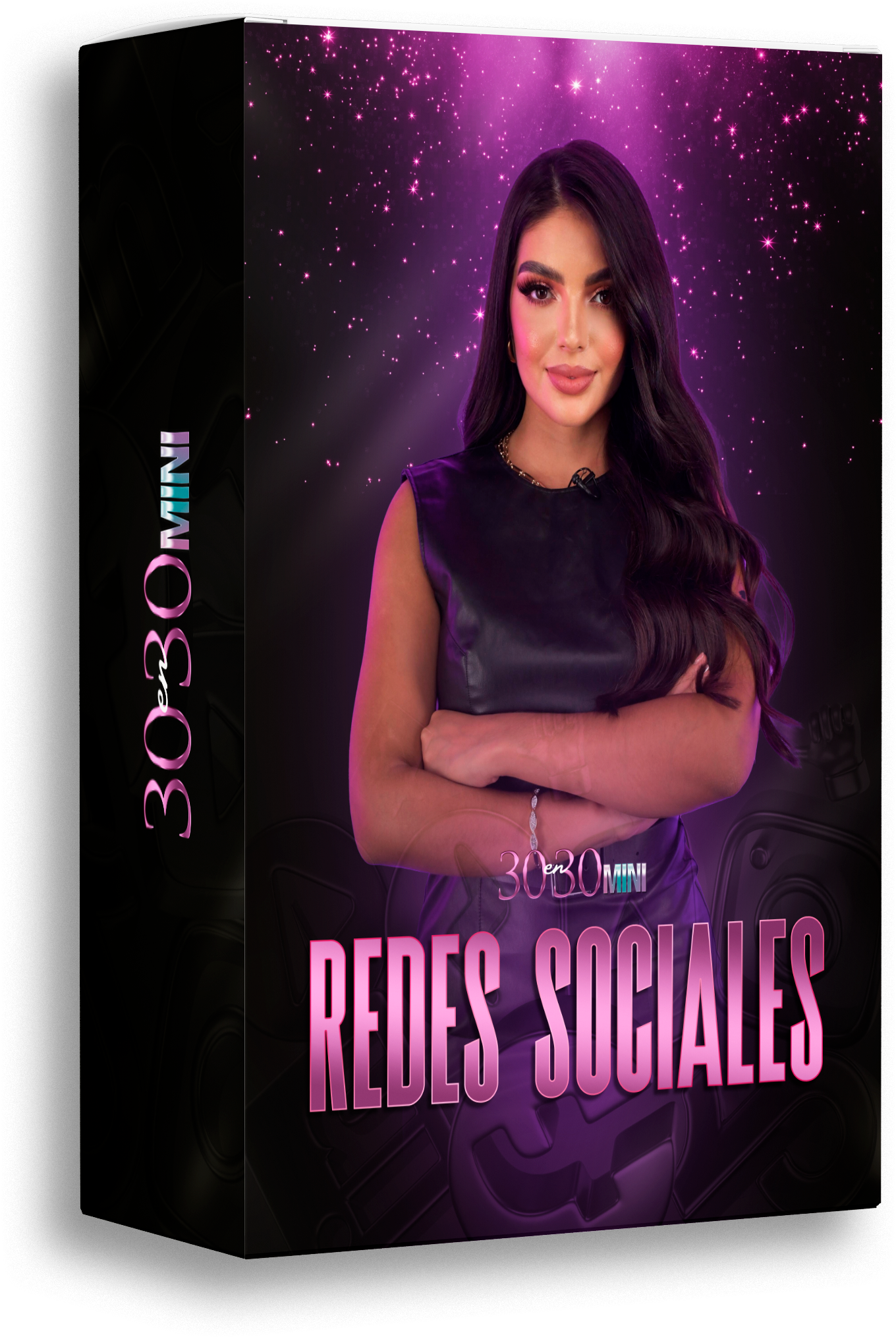 Confident young woman with long dark hair folded arms cosmic background